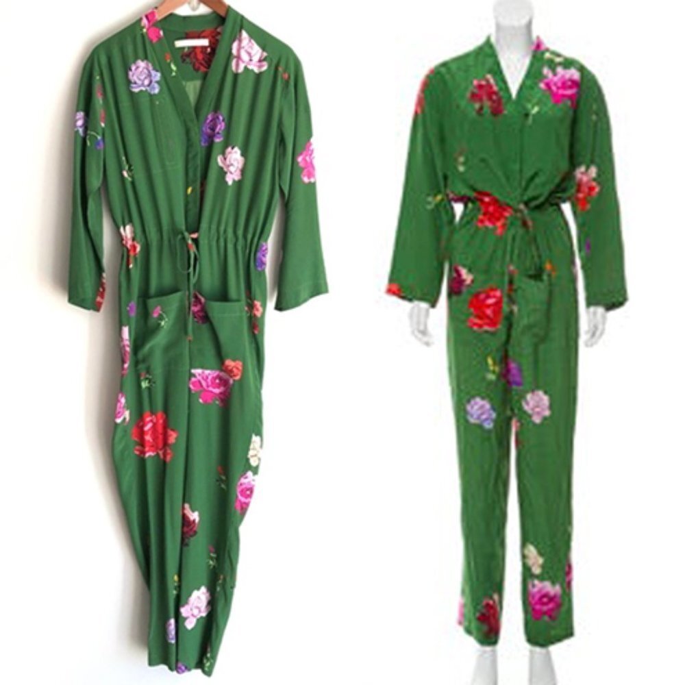 Creatures of Comfort Green Floral Jumpsuit Silk Long Sleeve Boho